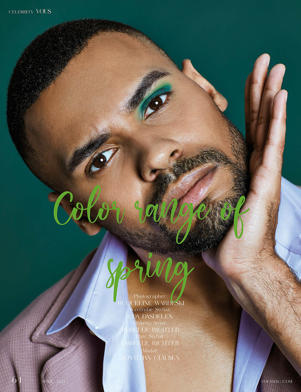 A male model with purple cloths and one green eyeshadow