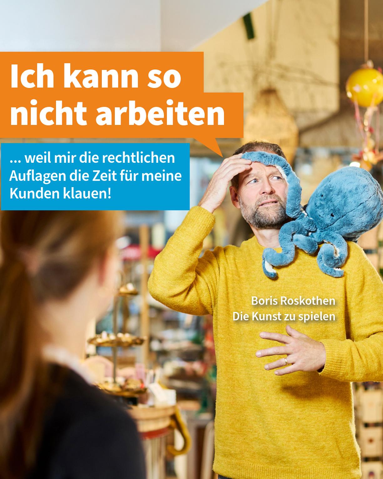 Unternehmer in einem Spielwarengeschäft kämpft mit einer Krake die seine Sicht versperrt