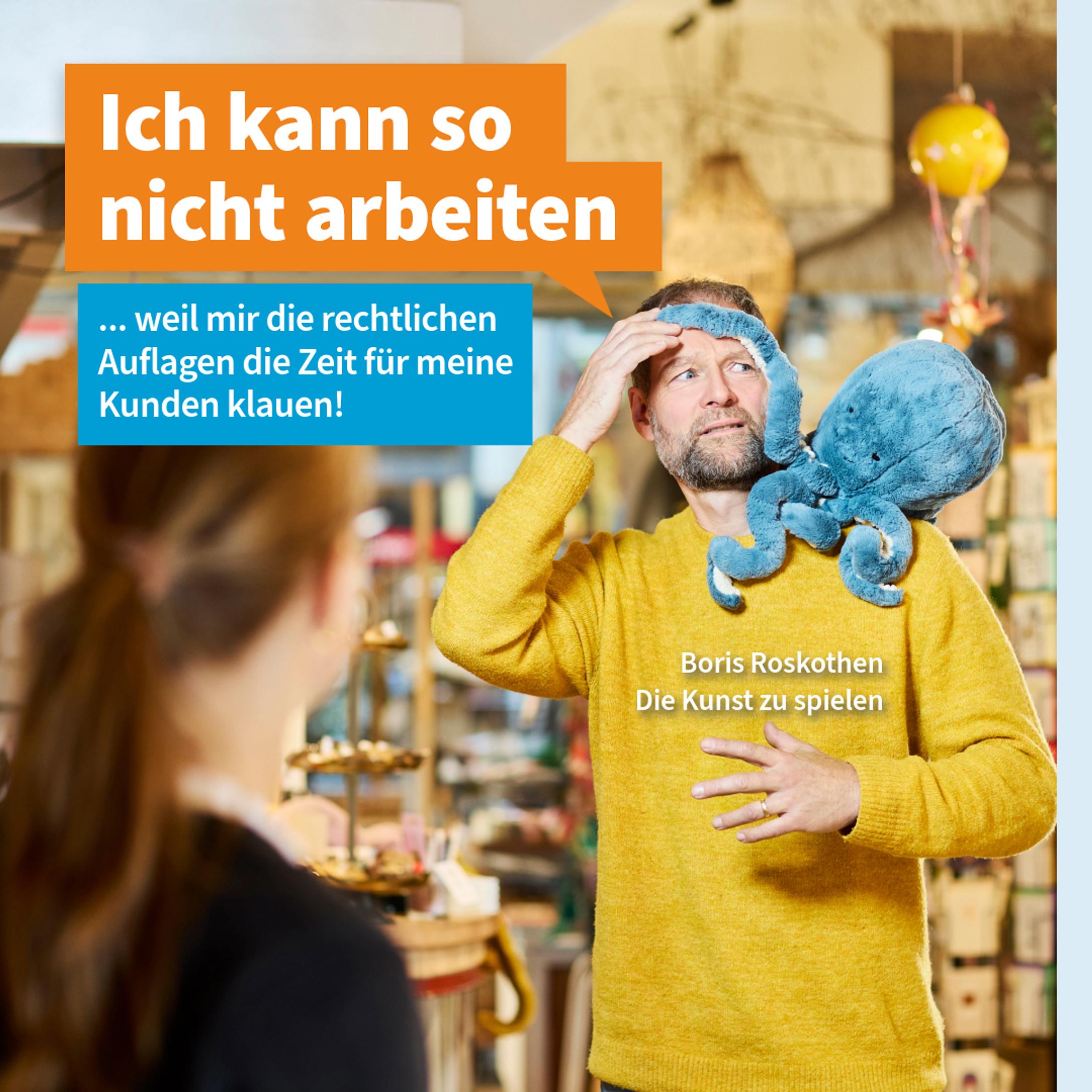 Unternehmer in einem Spielwarengeschäft kämpft mit einer Krake die seine Sicht. versperrt