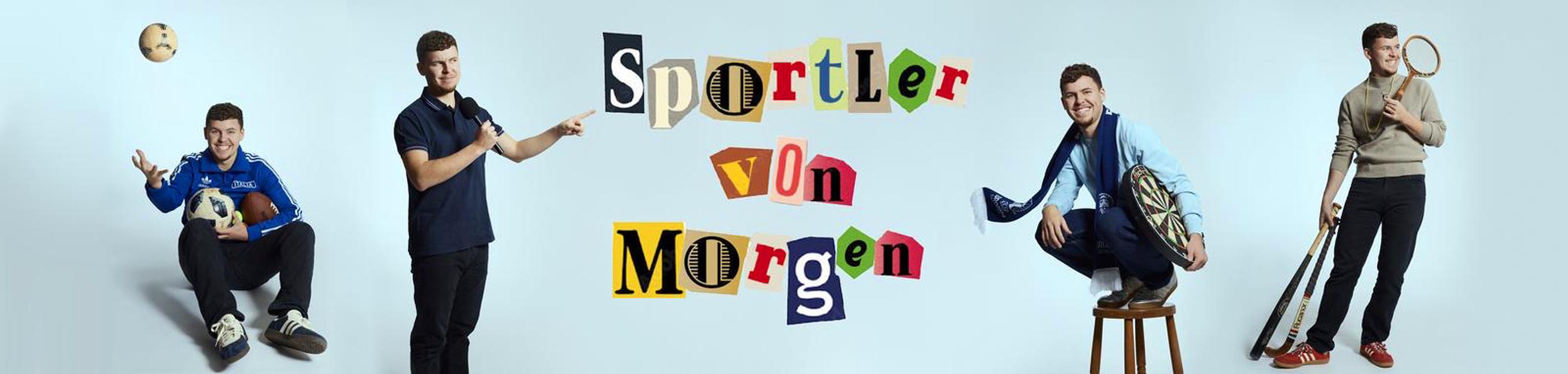 Ein junger Mann mit unterschiedlichen sportlichen Accessoires und ein buntes Logo auf dem drauf steht: Sportler von morgen