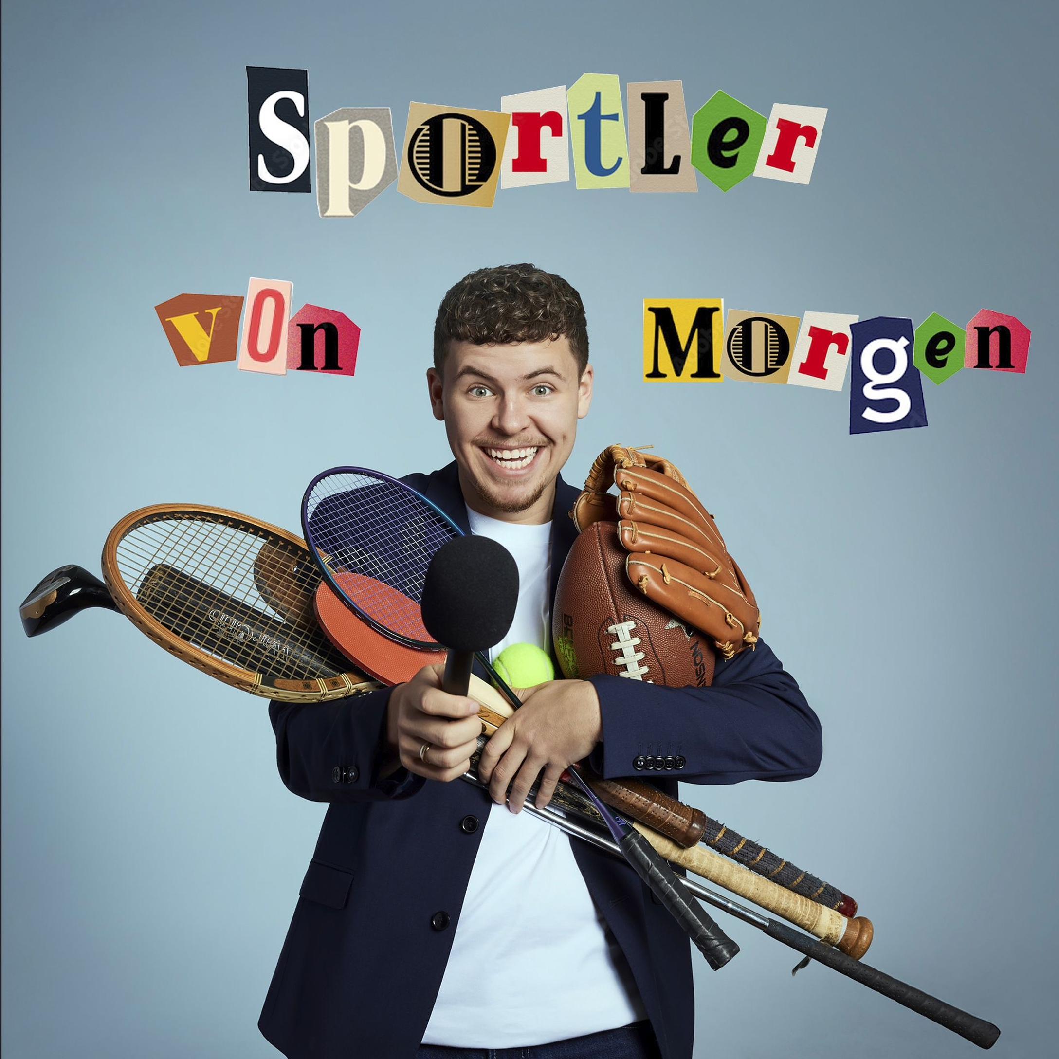 Sport Reporter mit sportlichen Requisiten und einem Mikrofon das er zum Betrachter hält. Umgeben von dem Titel seines Podcast: Sportler von morgen